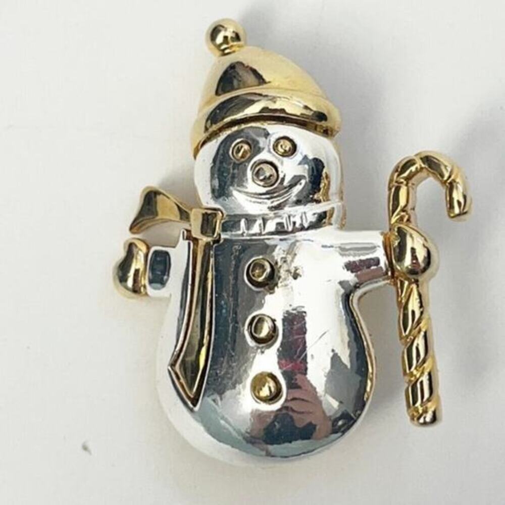 VTG Allison Reed signed Christmas Snowman Brooch pin Silver and Gold Candy Cane